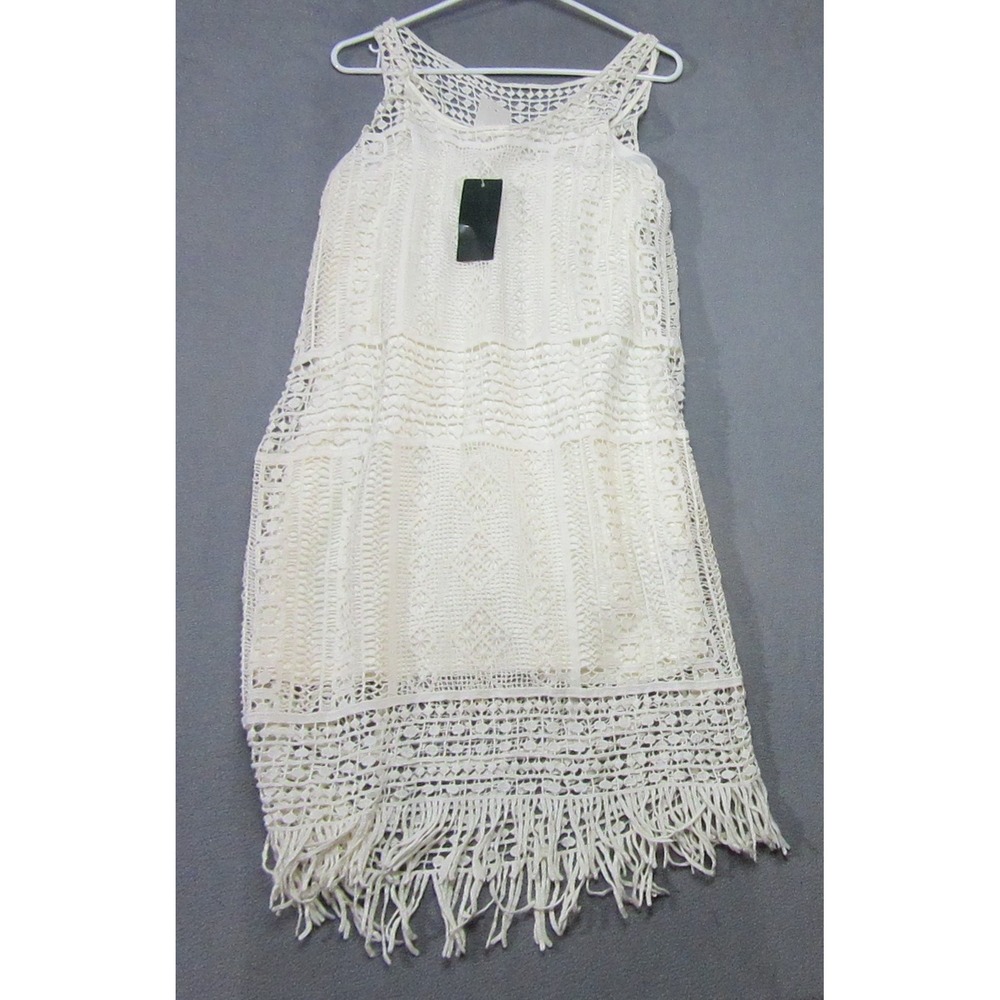 Lauren Ralph Lauren Crochet Dress Womens Medium Pearl White New Fringe Lace Boho